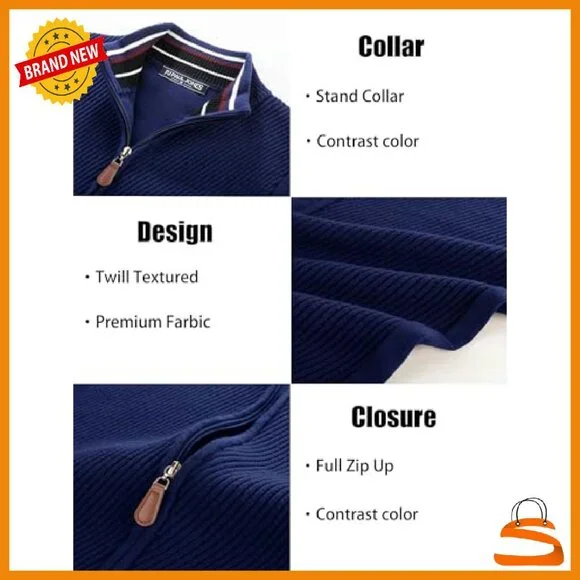 Men's Slim Fit Full Zip Sweater Vest Twill Textured Sleeveless Casual